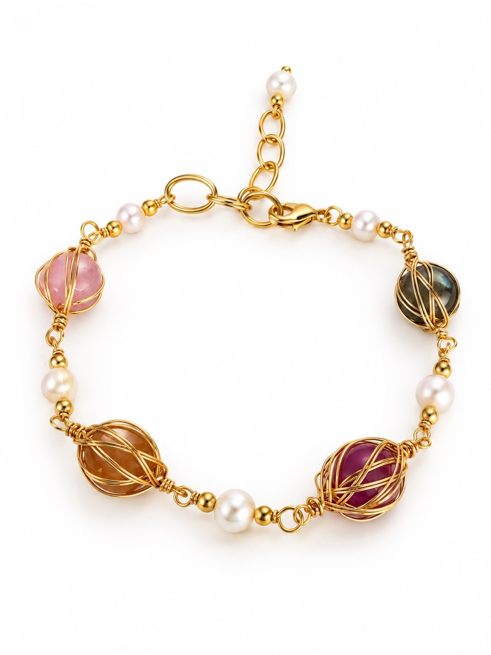 Handmade Freshwater Pearl & Multicolor Gemstone Gold Wire Bracelet